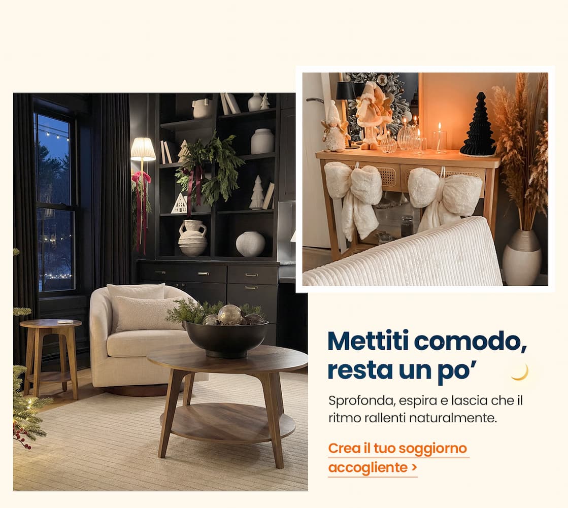 "Mettiti comodo, resta un po’ Sprofonda, espira e lascia che il ritmo rallenti naturalmente.  Crea il tuo soggiorno accogliente>"