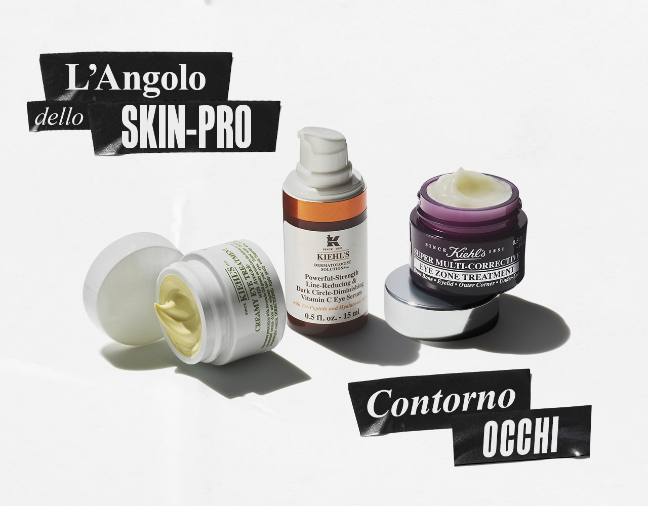Banner grafico Kiehl's raffigurante Creamy Eye Treatment with Avocado, Powerful-Strenght Line-Reducing Vitamin C Eye Serum e Super Multi Corrective Eye Zone Treatment. L'Angolo Dello Skin Pro, Contorno Occhi