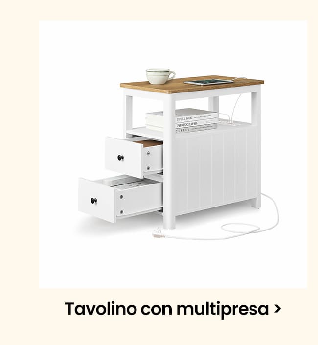 VASAGLE Tavolino Stretto con Stazione di Ricarica e 2 Cassetti Marrone Noce e Bianco