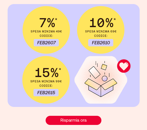 Tre sconti visibili in cerchi gialli: -7% con spesa minima di 49&euro; (codice FEB2607),-10% con spesa minima di 69&euro; (codice FEB2610), -15% con spesa minima di 99&euro; (codice FEB2615). A destra, un&rsquo;illustrazione di una scatola aperta con elementi colorati che saltano fuori, accompagnata da un'icona a forma di cuore. In basso un pulsante rosso con la scritta &ldquo;Risparmia subito&rdquo;.