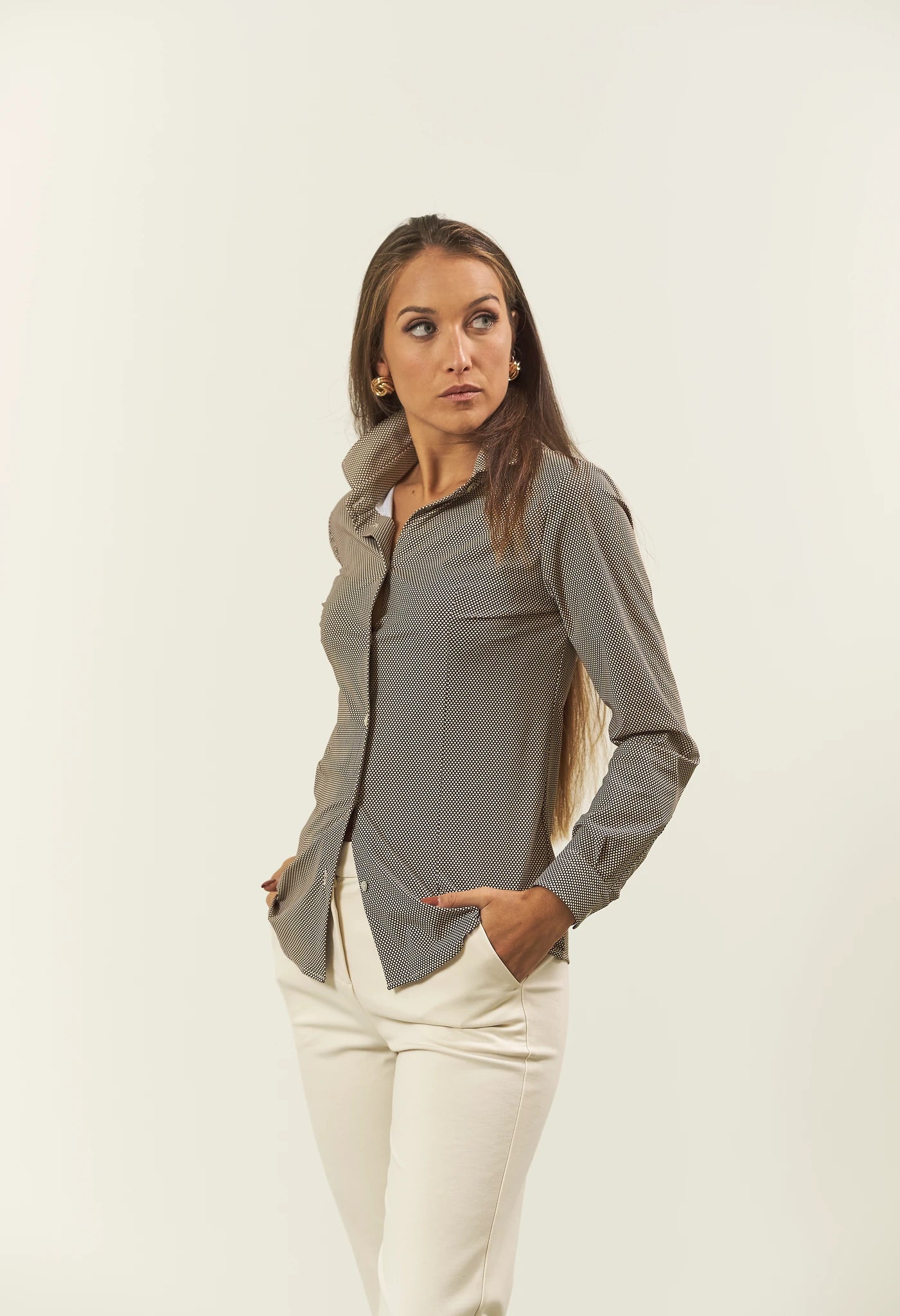 Image of Camicia marrone fantasia panna tessuto performance