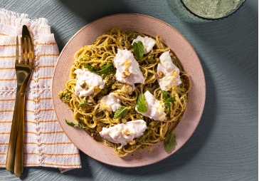 Spaghetti with mint pesto and burrata