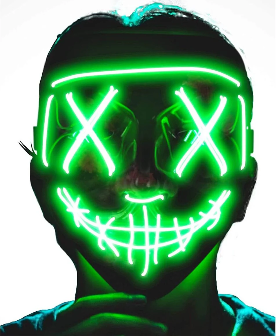 Maschera LED Halloween, the Purge Mask LED che si Illumina nella Notte, 3 Modalità di Luci, per Costume Cosplay Festa e Party di Carnevale - Verde