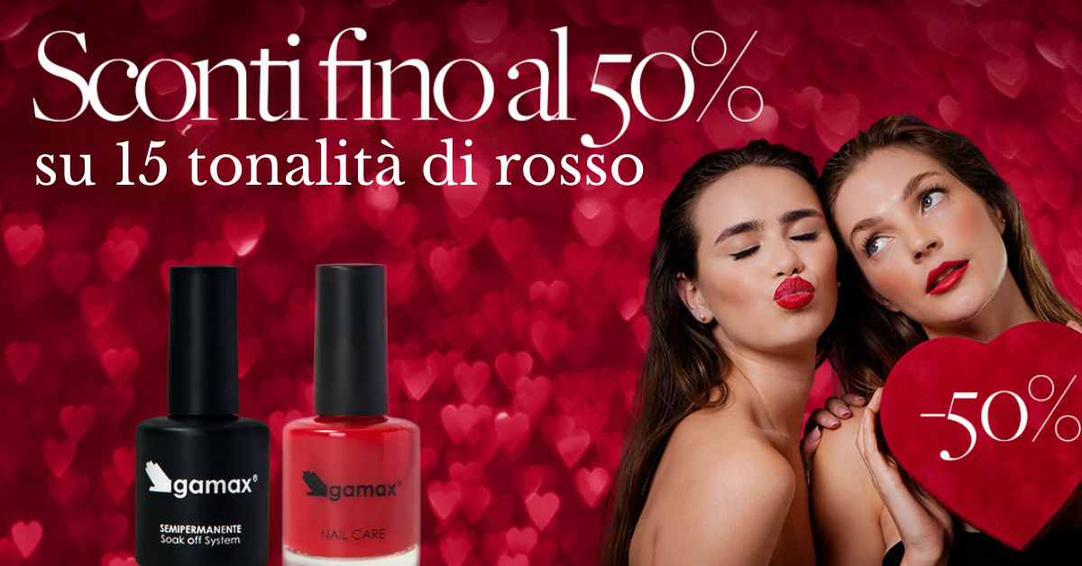 Il tuo codice: ROSSI50  Valido solo per le prossime 72 ore  &nbsp; Smalti e semipermanenti rossi al 50% di sconto. Tutti i rossi che ami, a metà prezzo.  &nbsp; Rossi profondi, rossi luminosi, rossi glitter. Perfetti per San Valentino e non solo...
