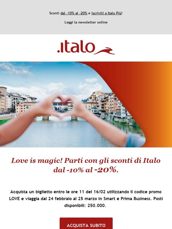 Love is magic! Parti con gli sconti di Italo dal -10% al -20%.