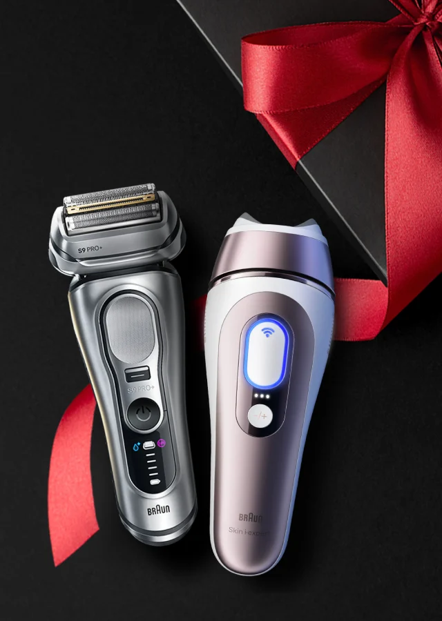 Immagine di due prodotti Braun, a sinistra il rasoio Series 9, a destra la luce pulsata Skin-i-expert 