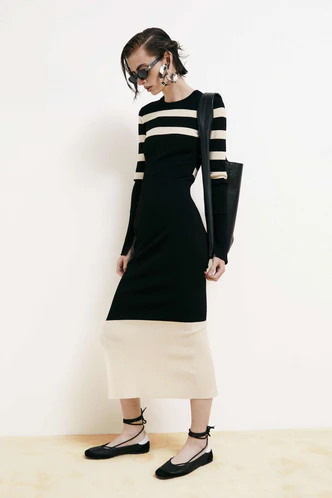 Abito Midi in Maglia Bicolor / Nero