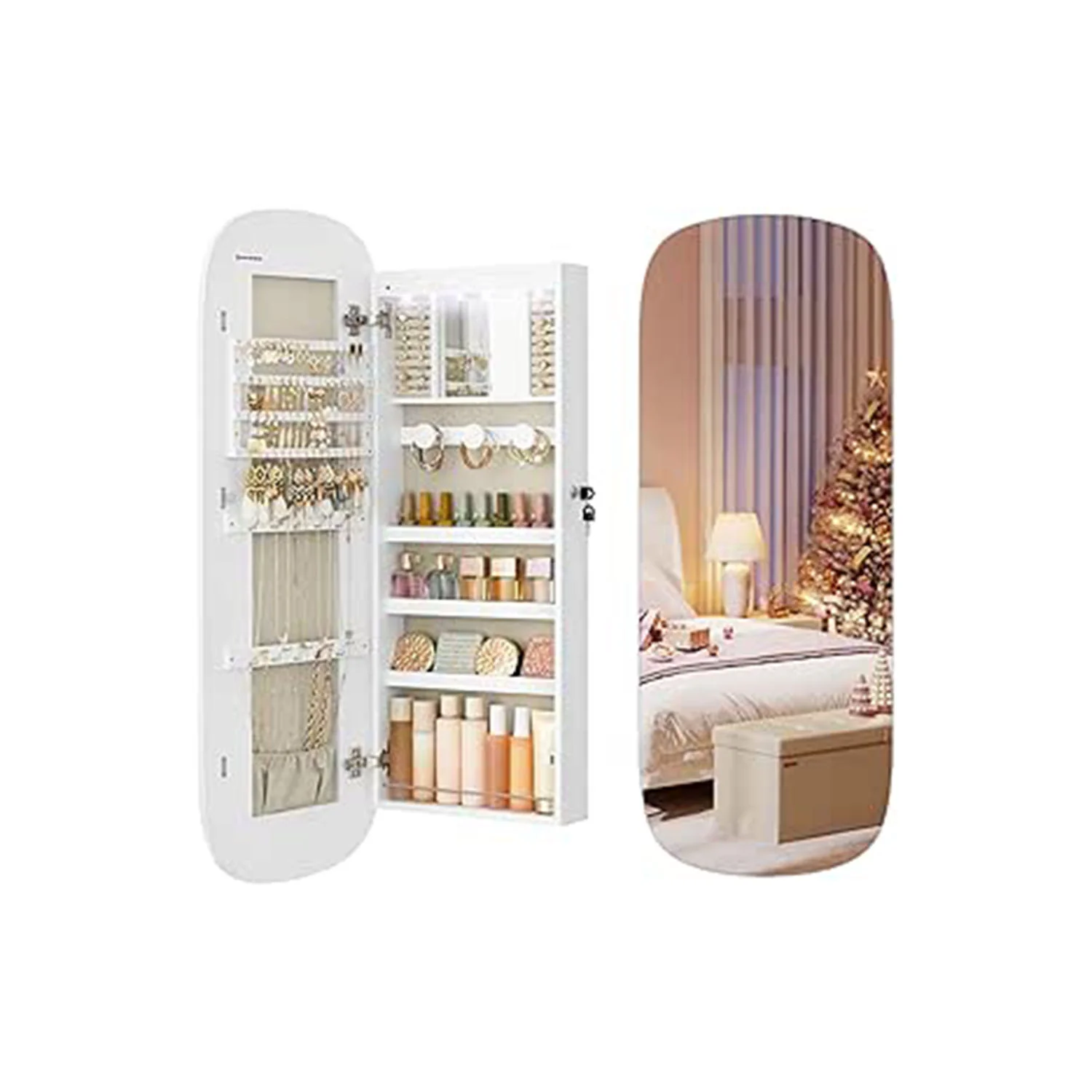 Image of Armadietto Portagioie da Parete, con Specchio, Chiusura e Luce LED e Ripiani