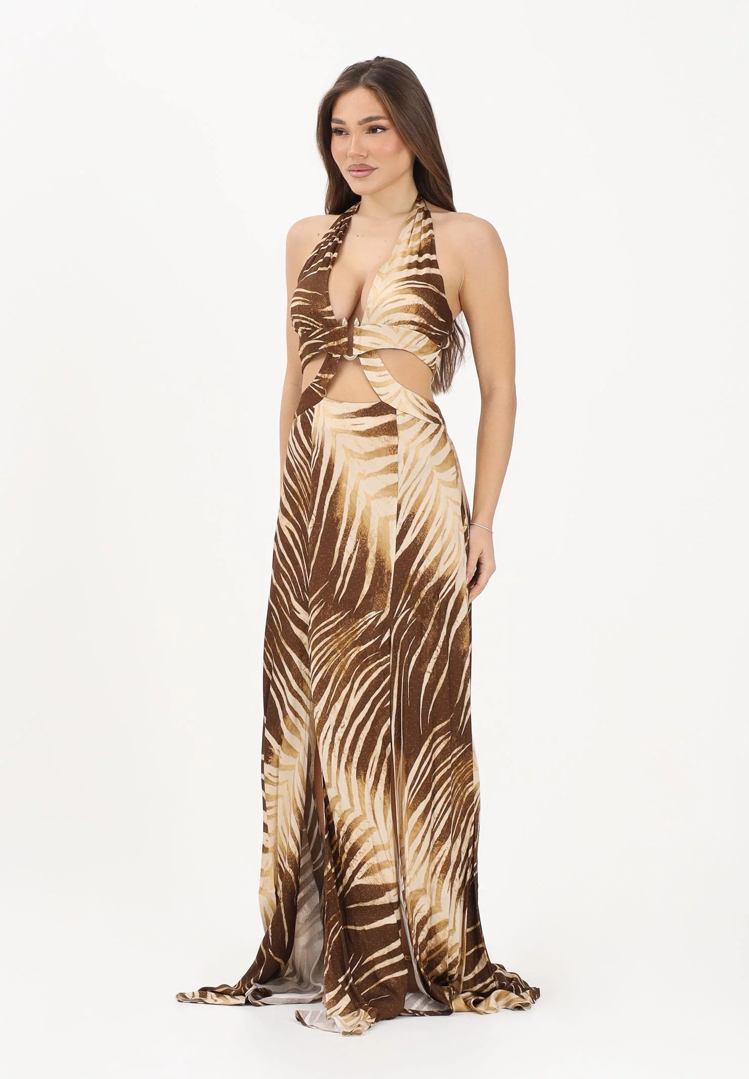 Image of JUST CAVALLI Abito lungo beige e marrone da donna con stampa di foglie