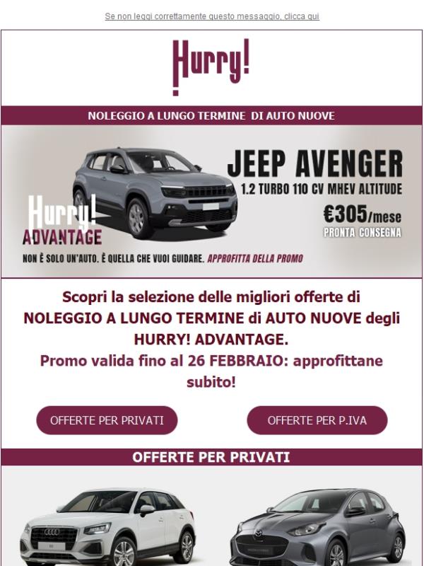 🚘HURRY! Noleggio | Le MIGLIORI OFFERTE della PROMO HURRY! ADVANTAGE🚘 Scopri tutte le auto a noleggio a prezzi SUPER scontati!