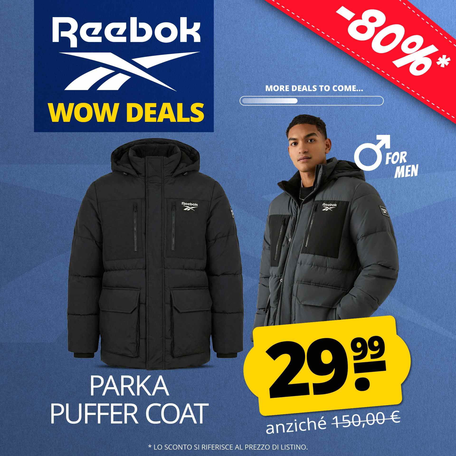 reebok parka puffer uomo cappotto invernale
