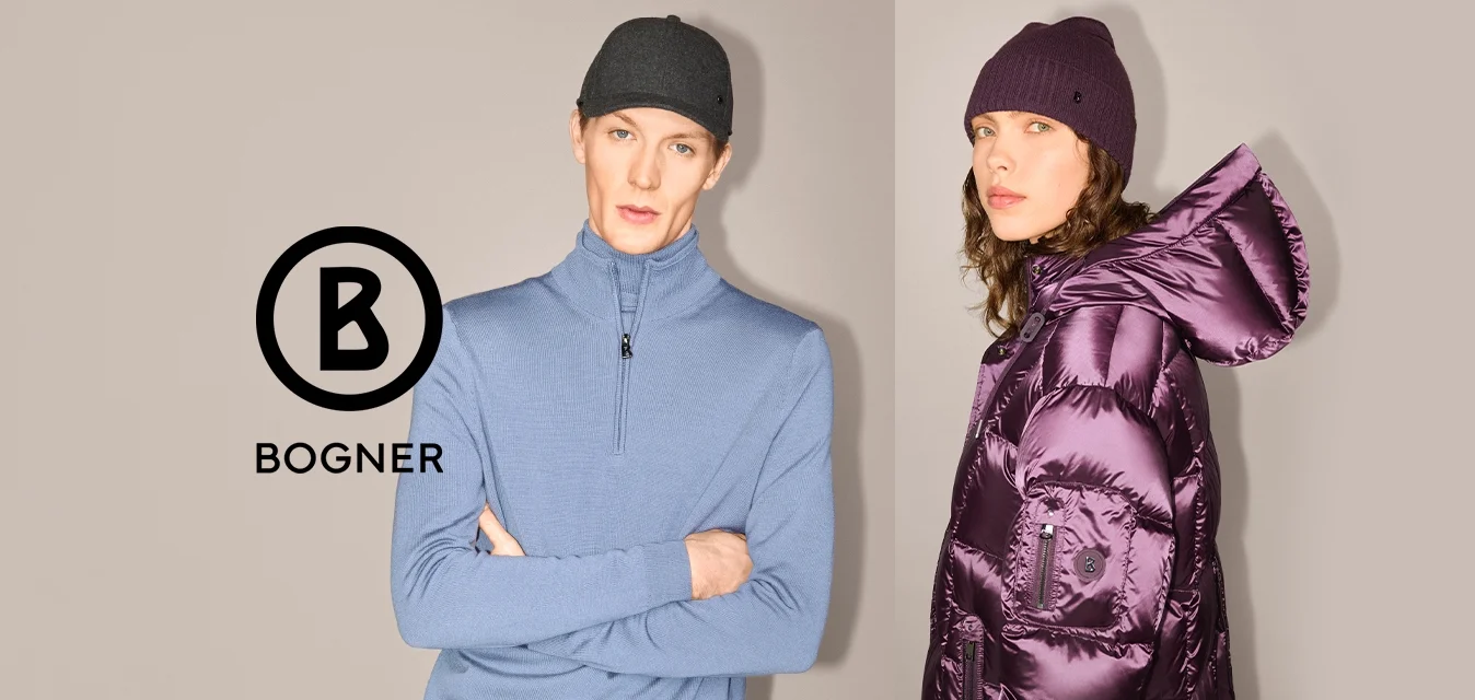 Maglione a zip di colore azzurro chiaro con texture a coste a sinistra; giacca a vento viola con cappuccio e tasche con zip a destra.