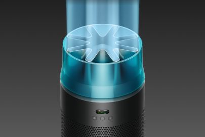 Vista in sezione del potente motore di Dyson HushJet Purifier Compact mentre diffonde l’aria dal sistema di silenziamento.