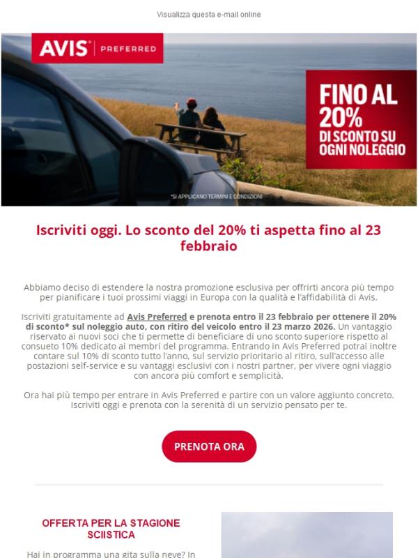 Abbiamo esteso lo sconto del 20%: iscriviti ora ad Avis Preferred