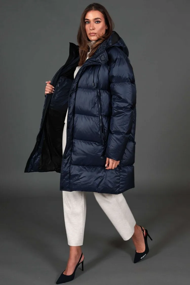 Image of Giaccone lungo in vera piuma colore blu da ripiegare a zaino