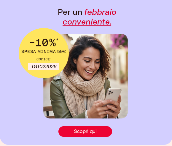 Promozione di febbraio con donna che sorride guardando lo smartphone, sconto del 10% su spesa minima di 59 &euro;, codice TG102026 e pulsante &ldquo;Approfittane ora&rdquo;.