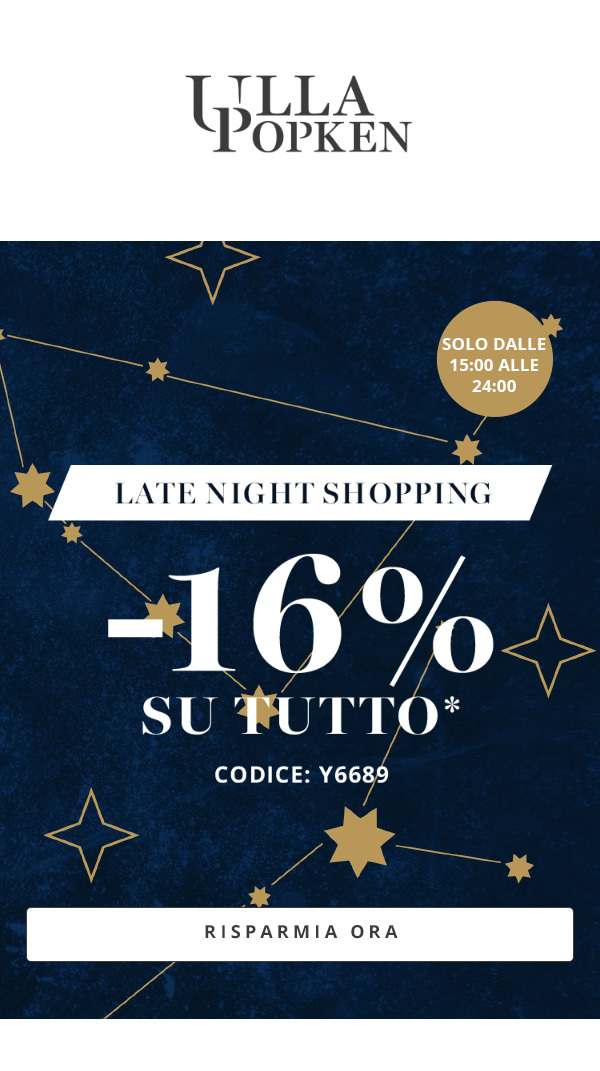 Solo fino a mezzanotte: 16% di sconto su TUTTO 