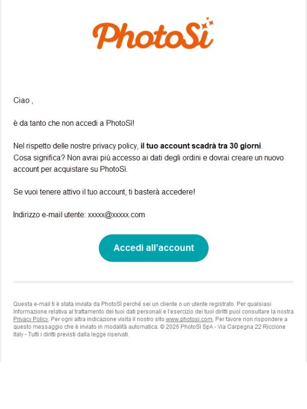 Il tuo account PhotoSì scadrà a breve