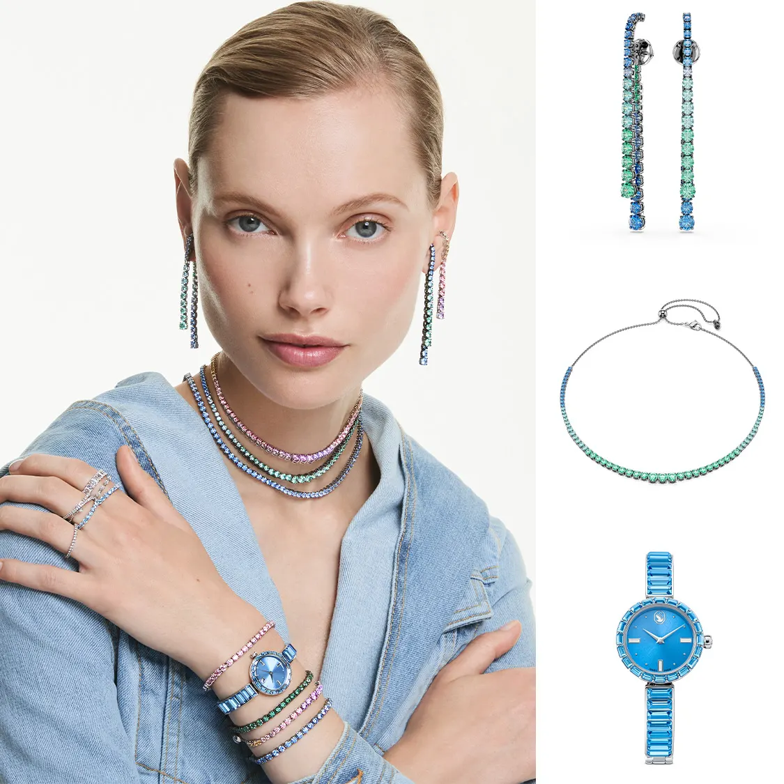 Modella con gioielli Swarovski in diverse sfumature di blu