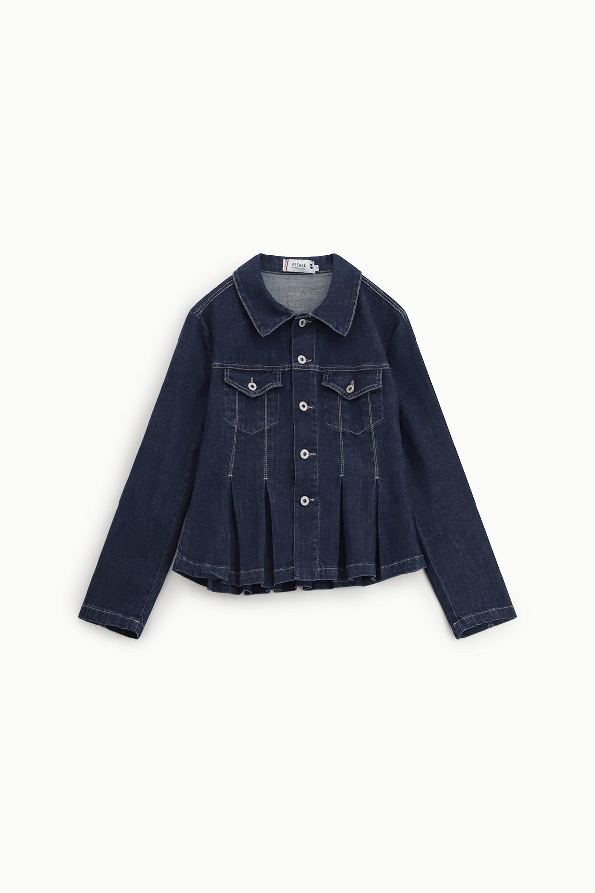Dark blue denim jacket with button front, two chest flap pockets and pleated hem, long sleeves, flat lay on white background