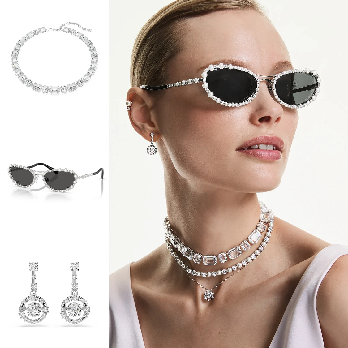 Modella con occhiali da sole e gioielli Swarovski