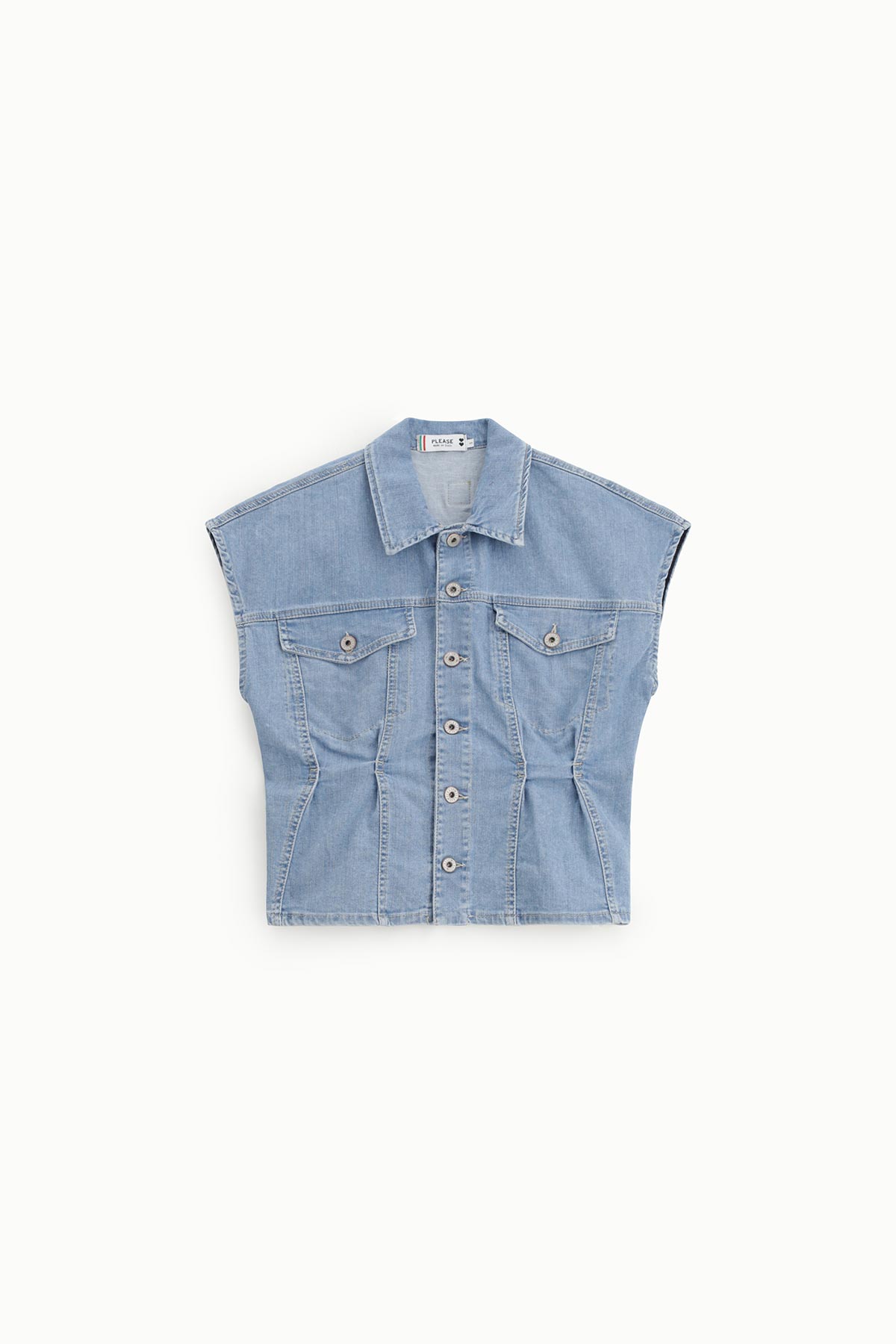 Light blue denim sleeveless button-down vest with collar and two chest flap pockets, flat-lay on white background