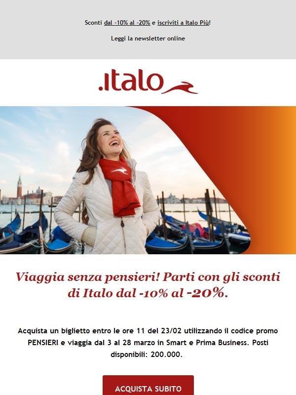 Viaggia senza pensieri! Parti con gli sconti di Italo dal -10% al -20%.