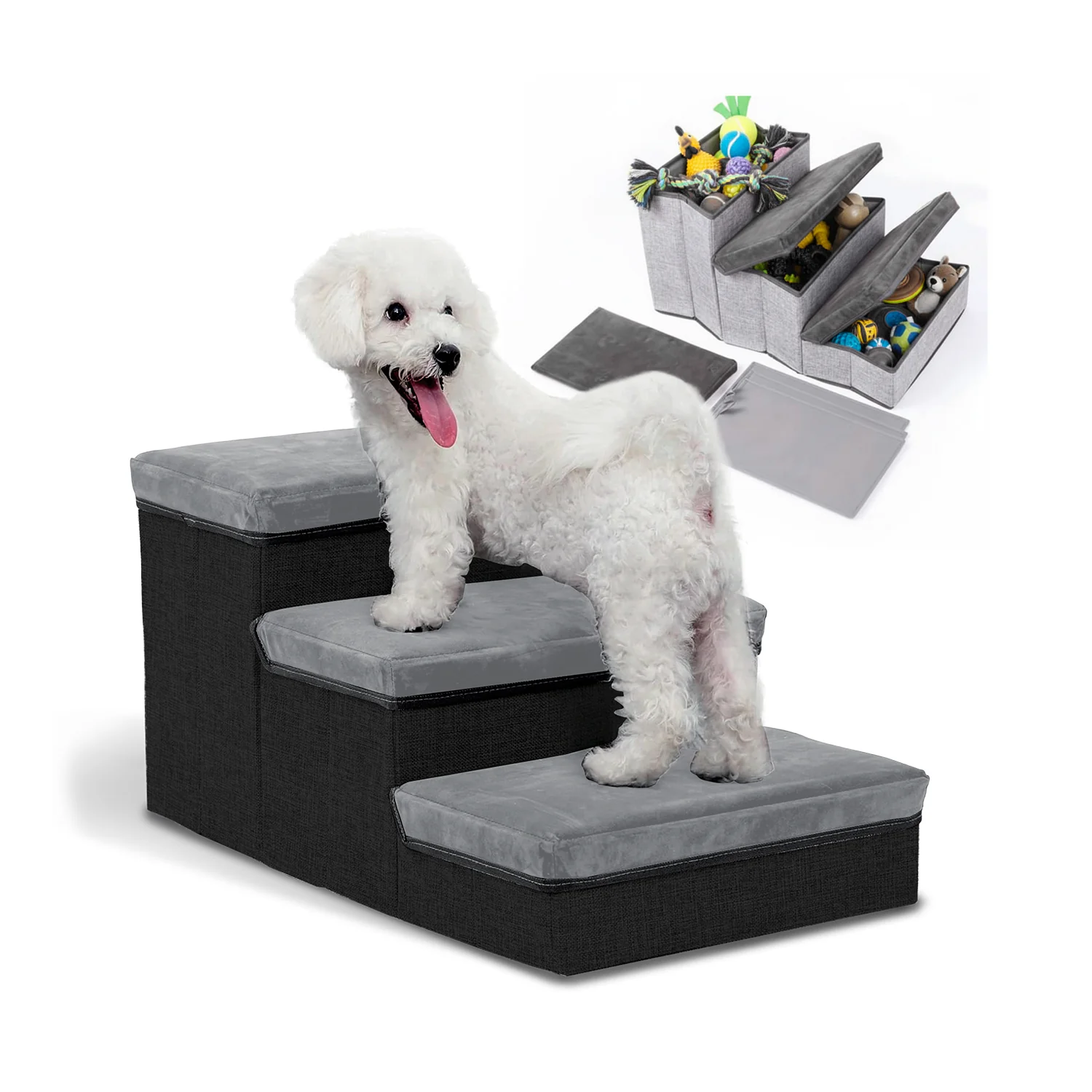 Image of Scaletta per Animali Domestici – 3 Gradini Imbottiti e Pieghevoli con Contenitori