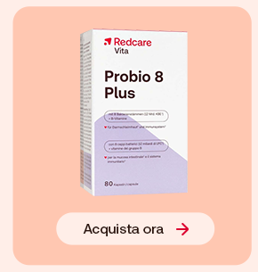 Confezione dell&rsquo;integratore Redcare Probio 8 Plus, pensato per la flora intestinale. Bottone "Acquista ora".