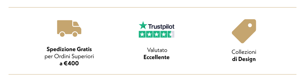 Tre icone con vantaggi: spedizione gratis per ordini superiori a €400, valutazione eccellente su Trustpilot e collezioni di design.