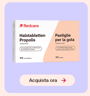 Confezione di pastiglie Redcare alla propoli per la gola, disponibili in italiano e tedesco. Offerta con bottone "Acquista ora".
