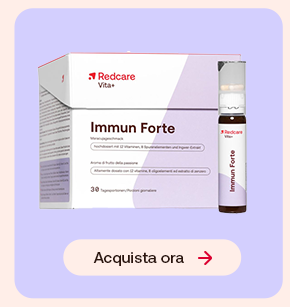 Integratore Redcare Immun Forte in formato flaconcino, visibile con confezione. Promozione con bottone "Acquista ora".