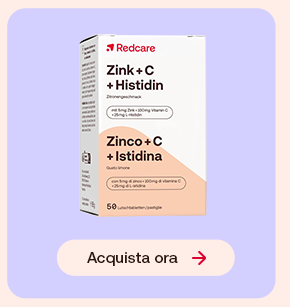Confezione dell&rsquo;integratore Redcare Zinco + C + Istidina. Sfondo viola chiaro e bottone "Acquista ora".