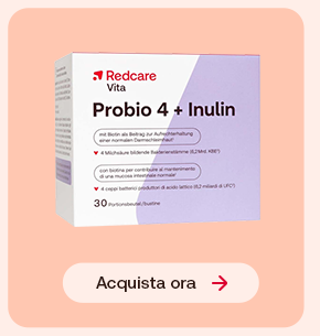 Integratore Redcare Probio 4 + Inulina in confezione rosa e viola chiaro. Bottone &ldquo;Acquista ora&rdquo; in evidenza.