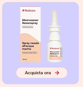 Spray nasale Redcare con soluzione salina, mostrato accanto alla confezione. Bottone "Acquista ora" in basso.