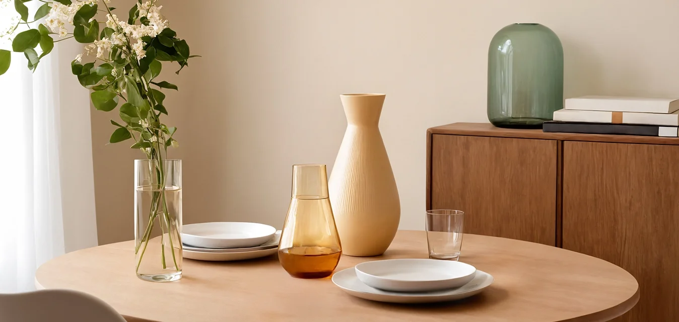 Tavolo rotondo in legno con finitura chiara, vaso di vetro trasparente con fiori, brocca gialla, vaso di vetro verde e piatti bianchi, contro una parete beige.