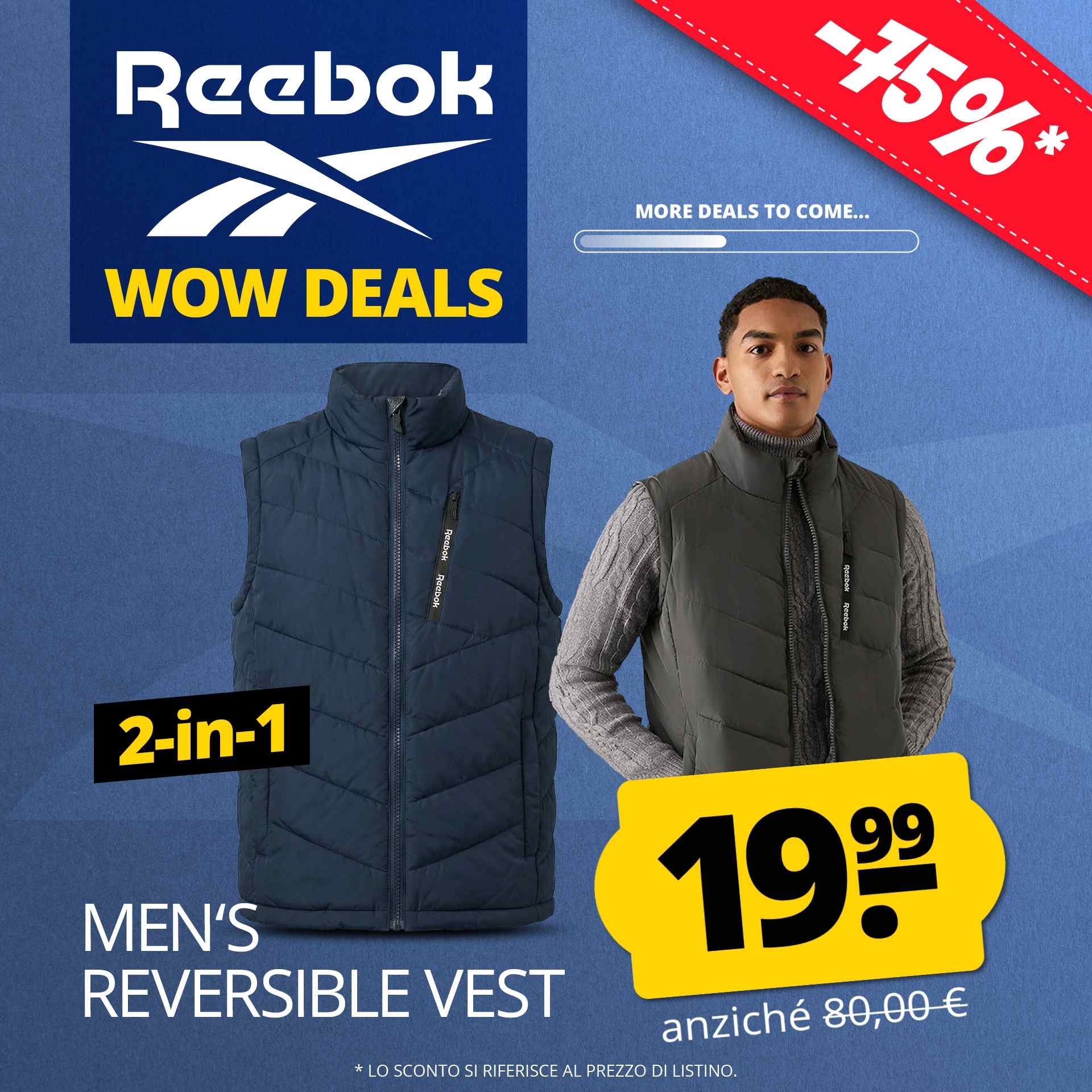 reebok puffer vest 2 in 1 uomo reversible smanicato