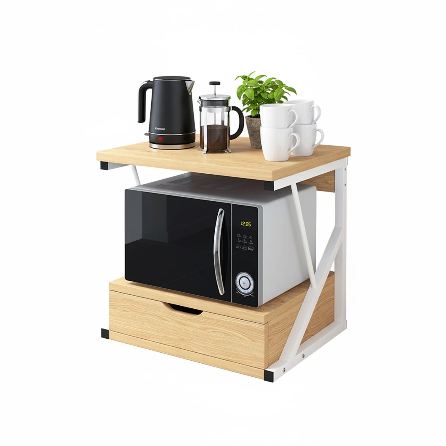 Image of Supporto Microonde da Cucina in Legno con Cassetto e Ripiano Superiore