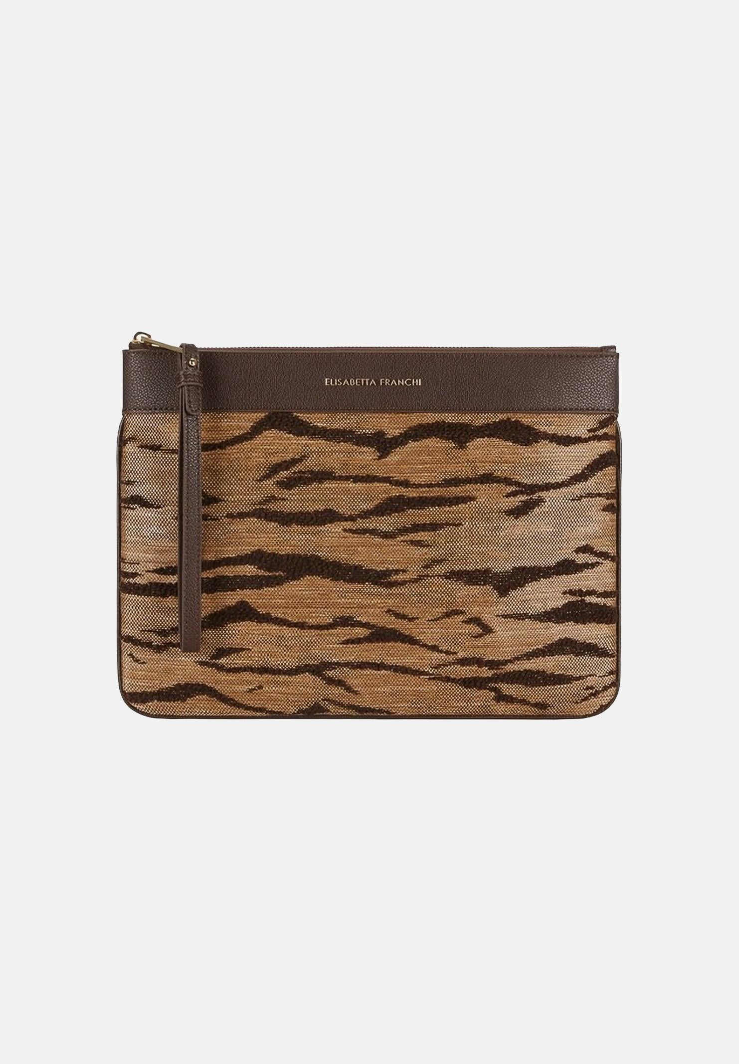 Image of ELISABETTA FRANCHI Pochette marrone e cammello da donna con stampa tigre