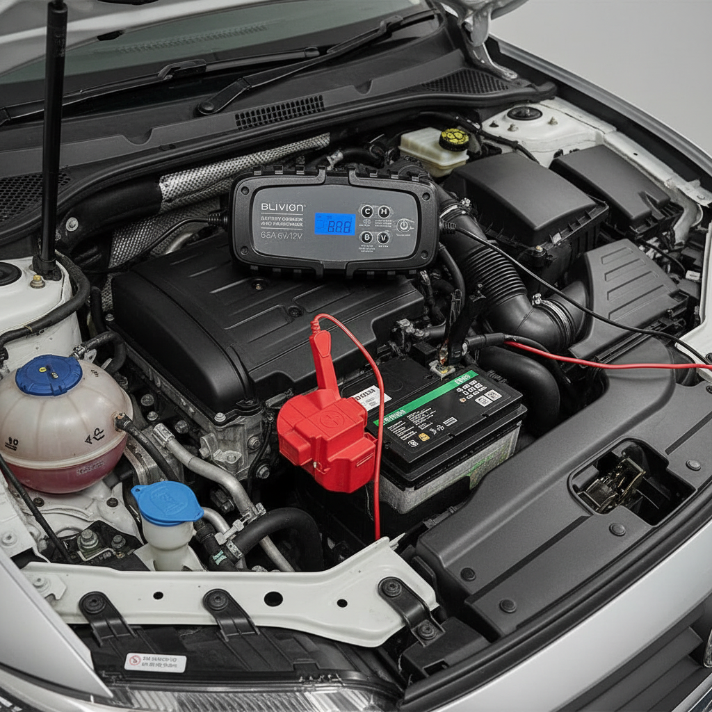 an image of a car engine with a red battery in it