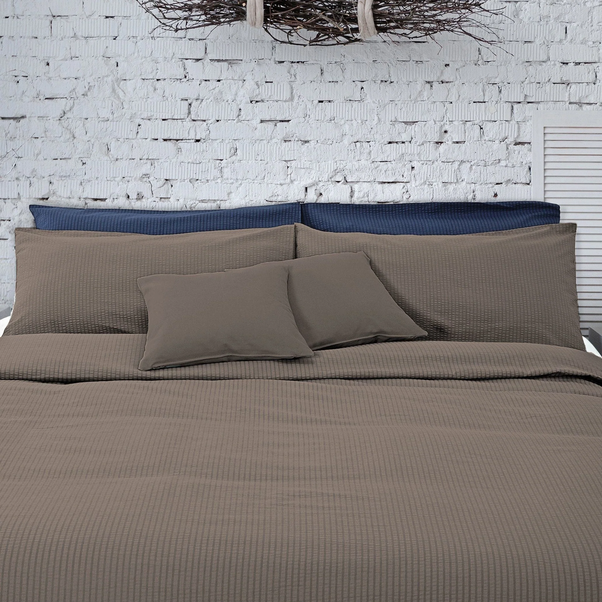 Image of Parure Copripiumino Puro Cotone <br>Tinta Unita No Stiro - <b>Seersucker