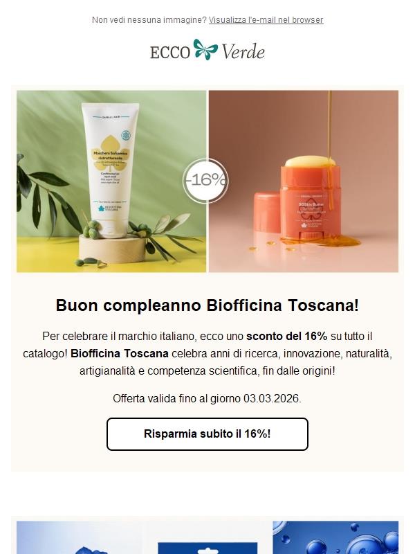 Auguri Biofficina Toscana! 16% di sconto sul brand 🥳
