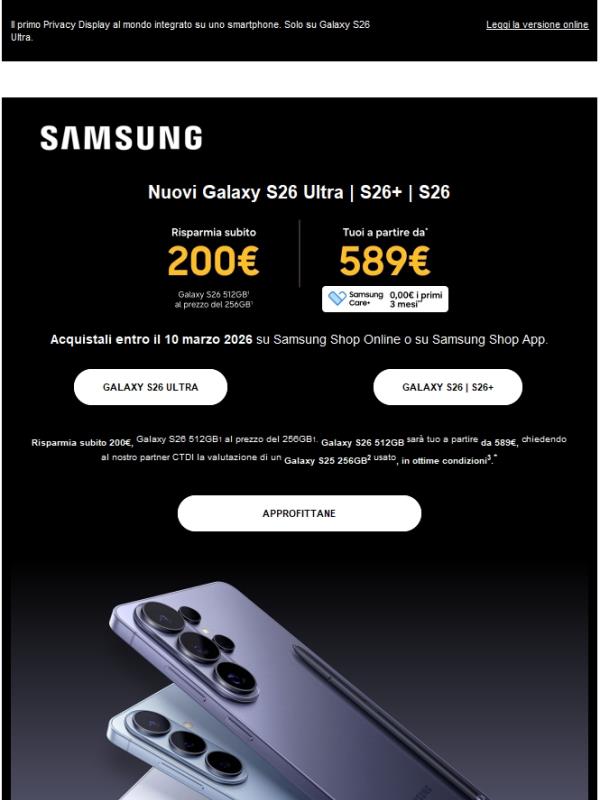 Nuovi Galaxy S26, a partire da 589€
