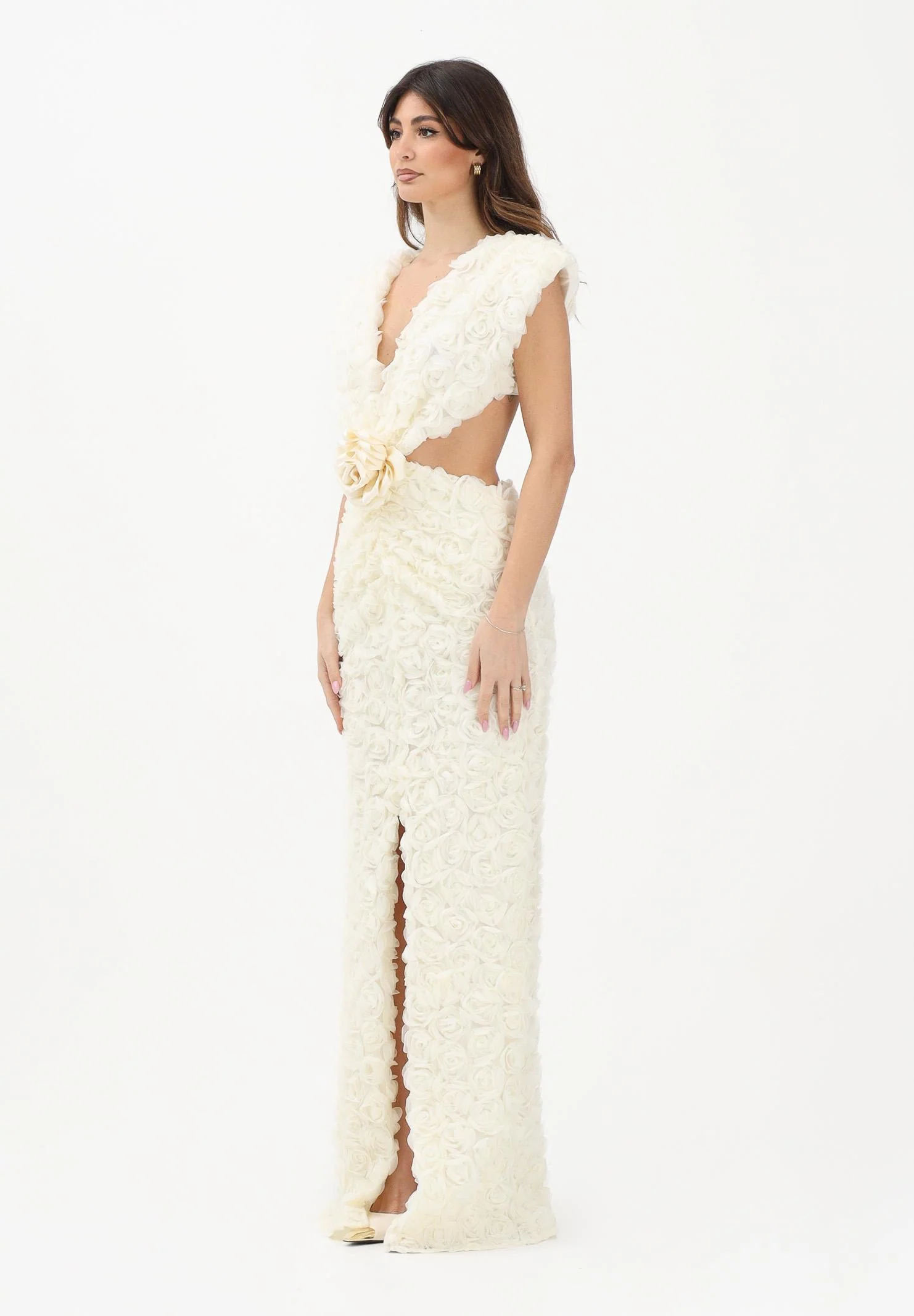 Image of SHIT Abito lungo crema da donna con motivo di rosette in rilievo 3D