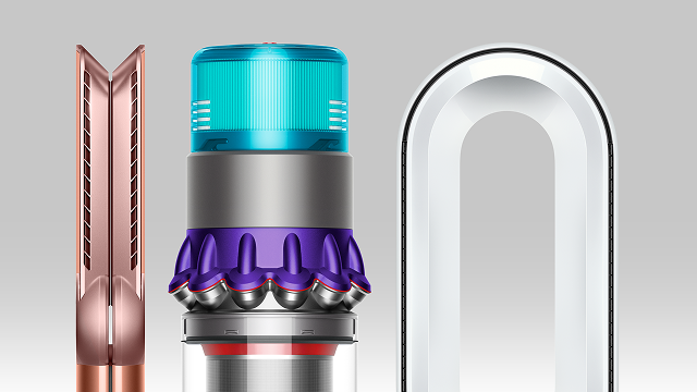A selection of Dyson machines, including hair styling devices, cordless vacuums and air purifiers.