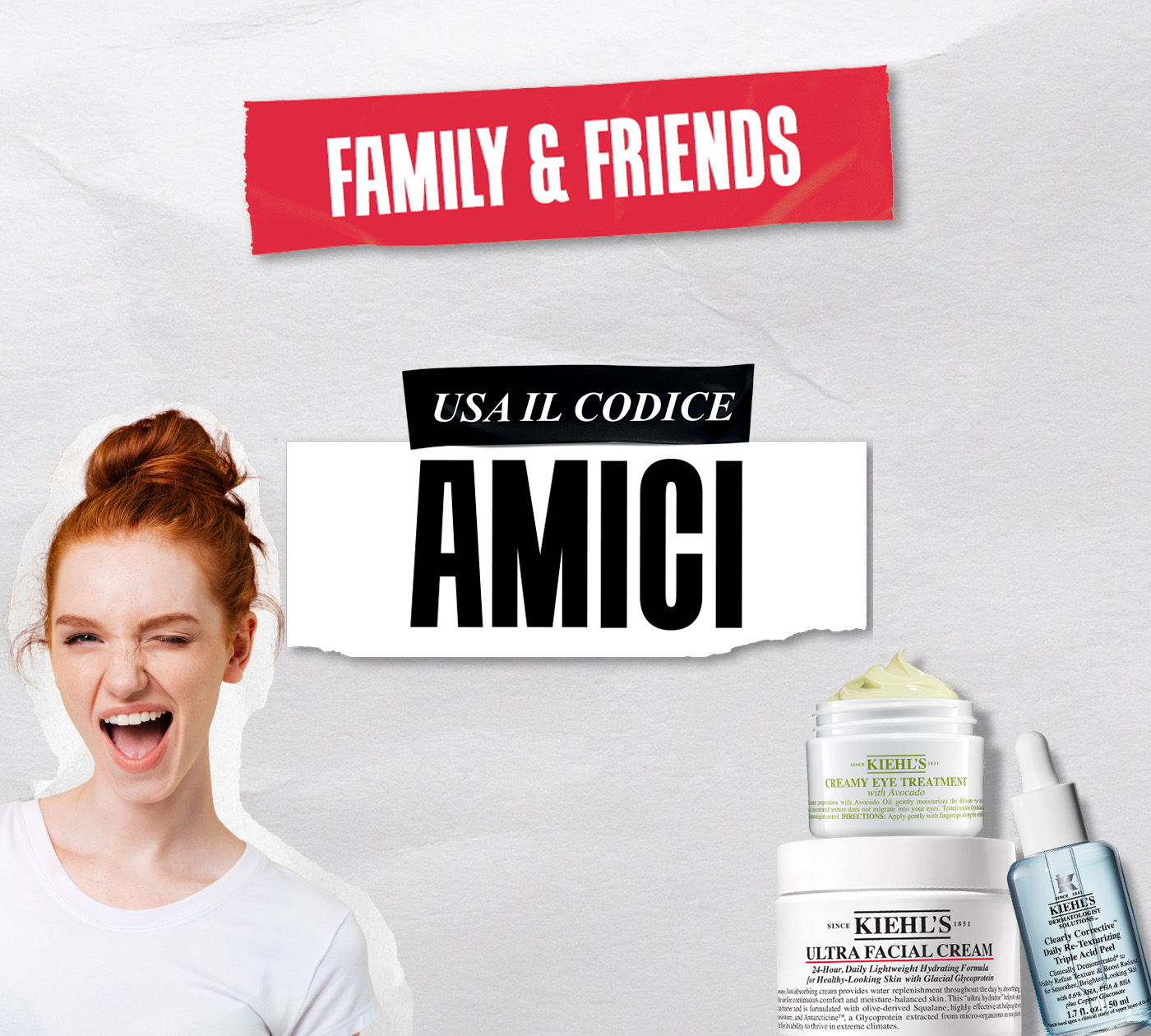 Banner rosso &ldquo;Family & Friends&rdquo; con indicazione "Usa il codice AMICI". A sinistra modella con capelli rossi; a destra prodotti Kiehl&rsquo;s Ultra Facial Cream, Creamy Eye Treatment e siero viso.