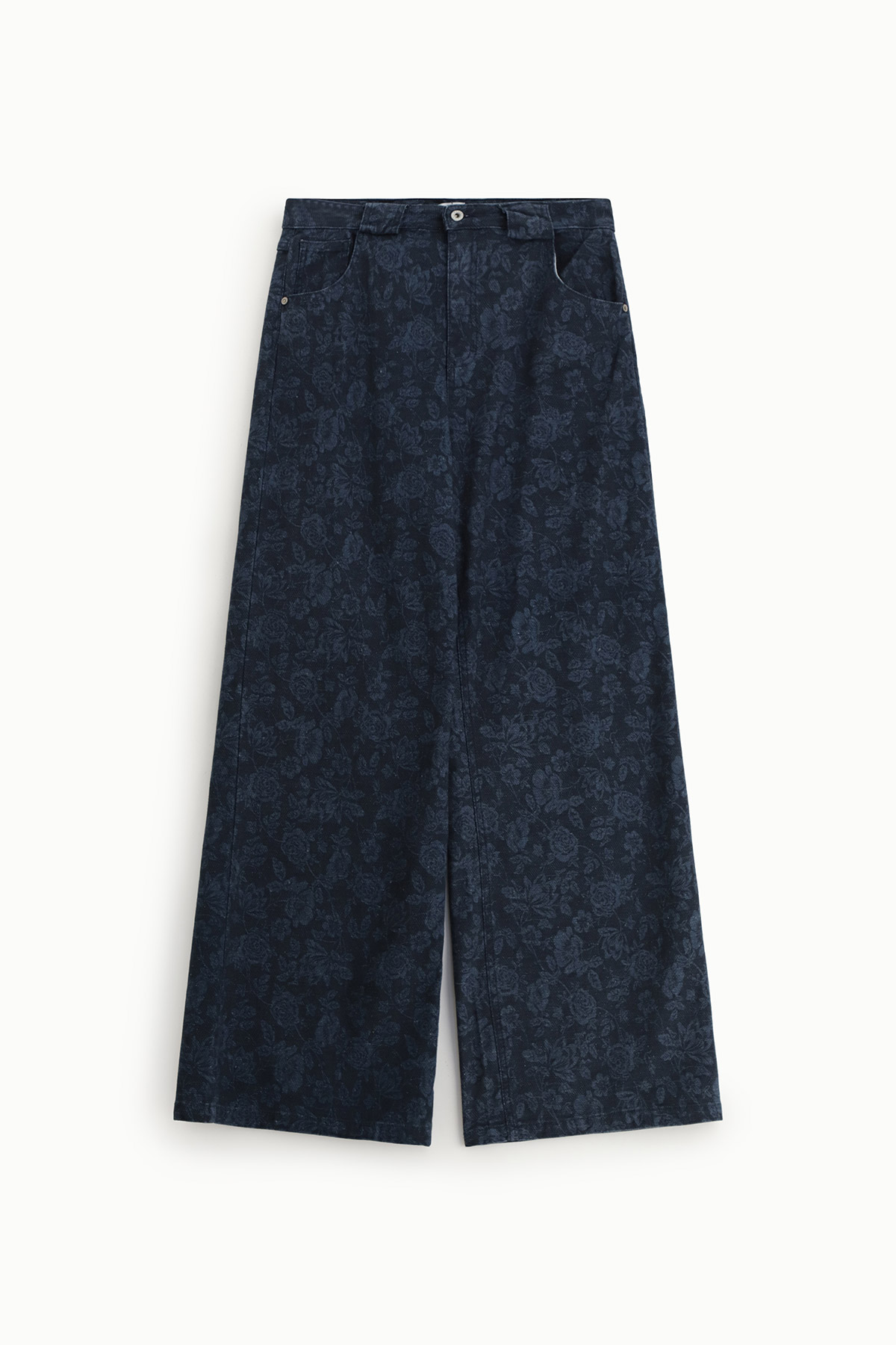 Navy wide-leg denim trousers with subtle floral jacquard pattern, high-waist jeans flat-lay on white background