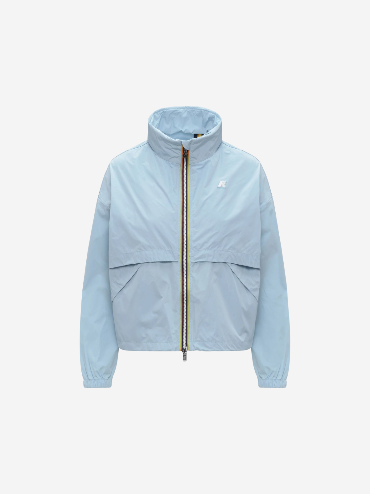 an image of a light blue jacket with a zippered hood
