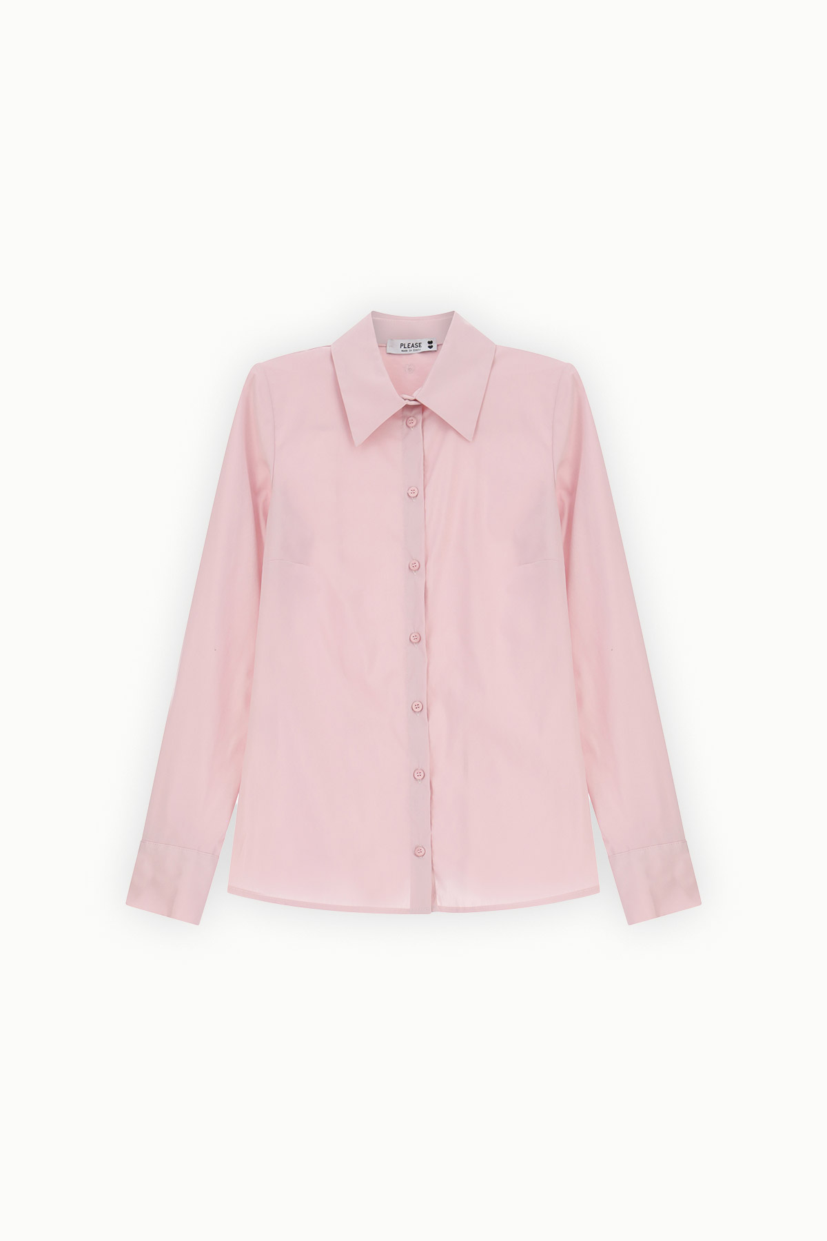 Women's pale pink long-sleeve button-up shirt with pointed collar, classic tailored blouse