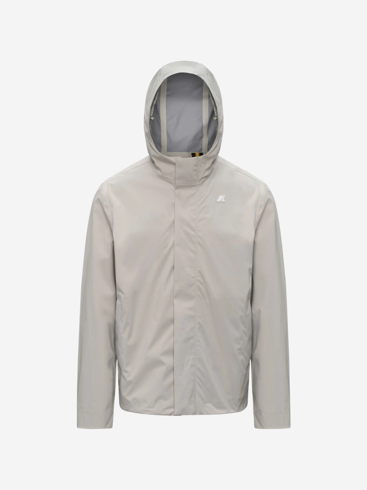 an image of a man wearing a light gray jacket with a hood